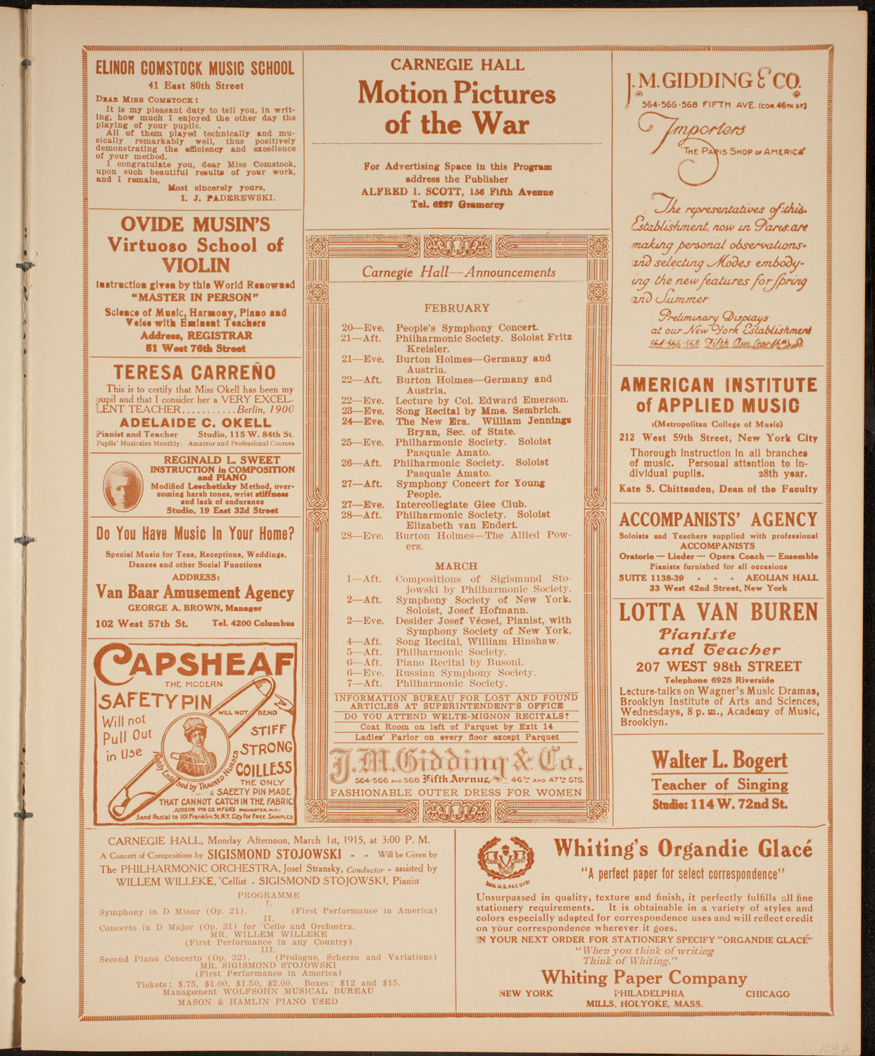 Boston Symphony Orchestra, February 20, 1915, program page 3