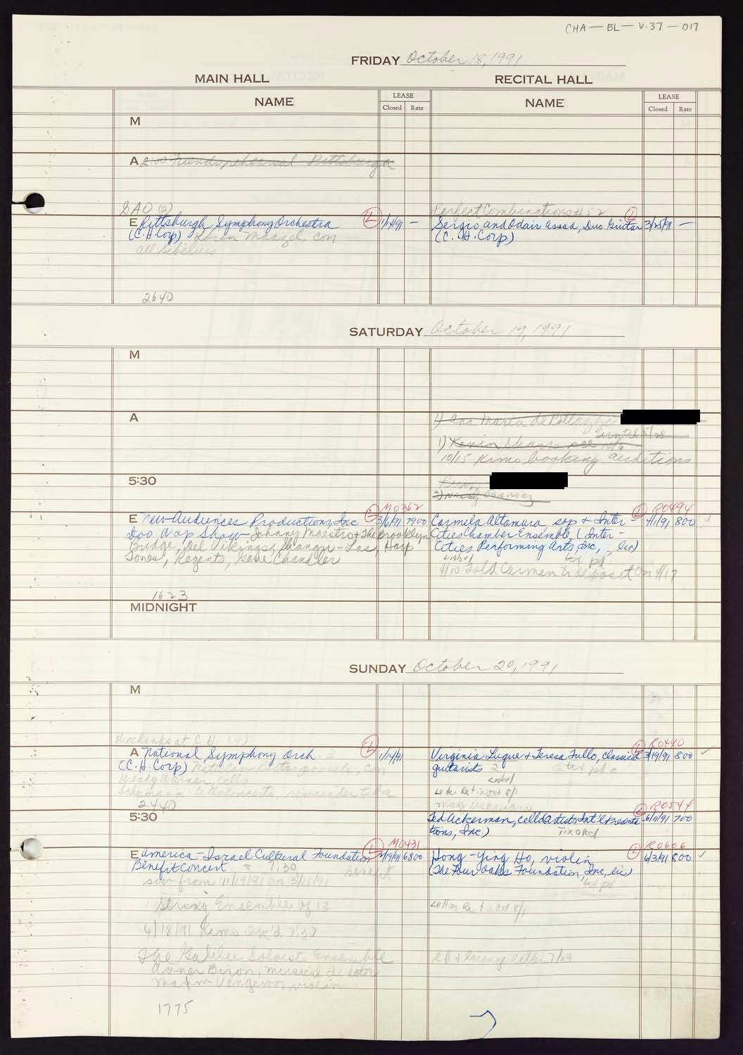 Carnegie Hall Booking Ledger, volume 37, page 17