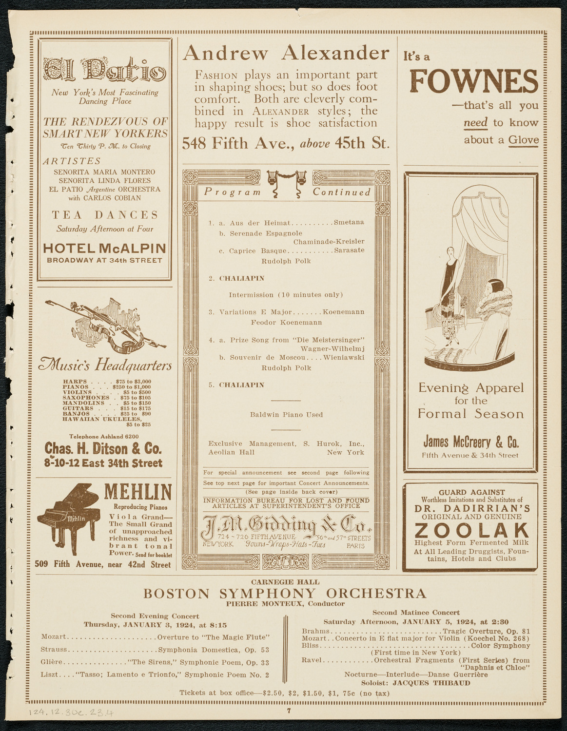 Fyodor Chaliapin, Tenor, December 30, 1923, program page 7