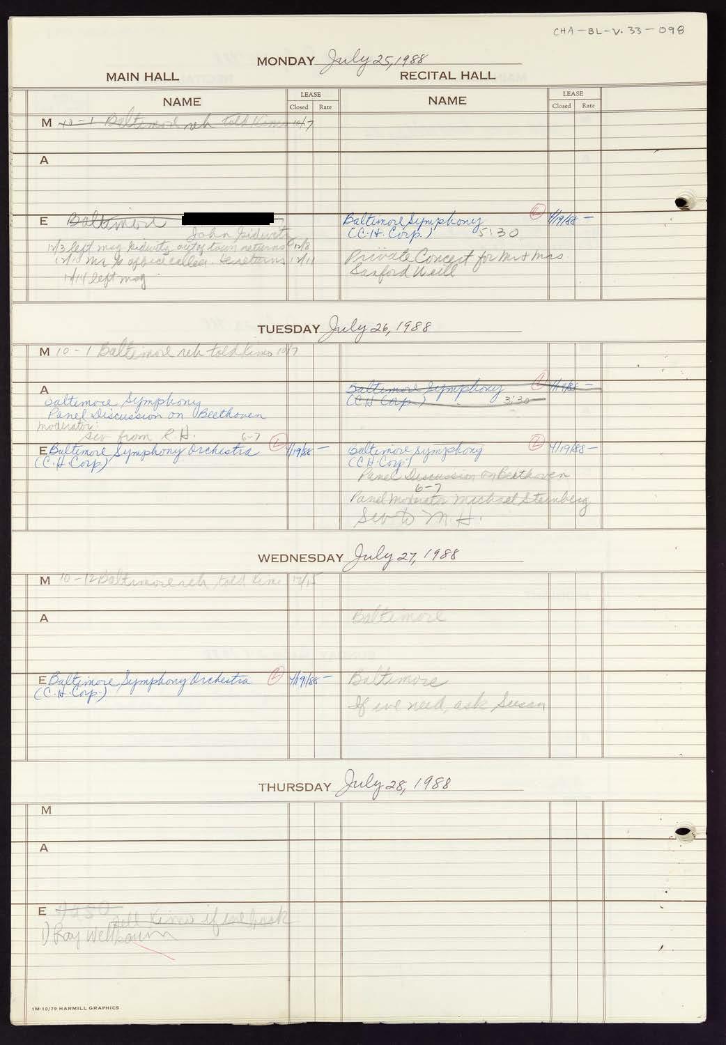 Carnegie Hall Booking Ledger, volume 33, page 98