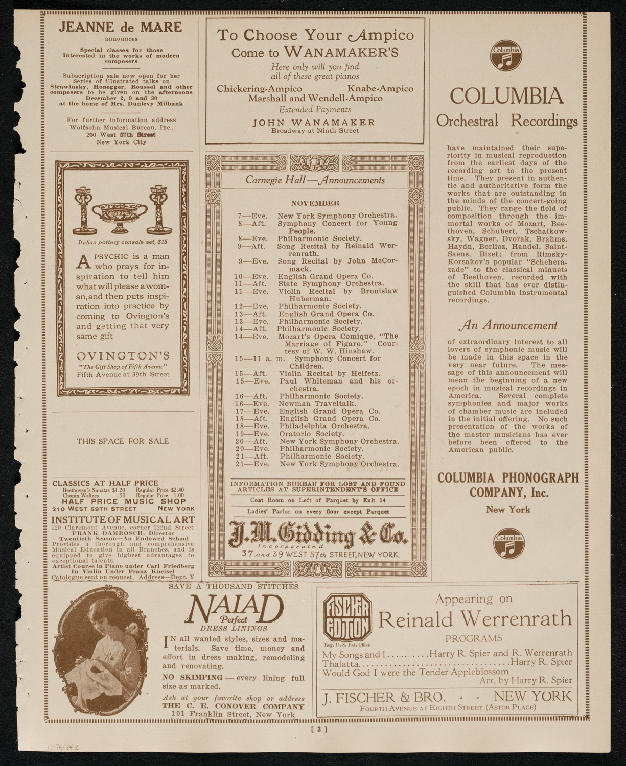 New York Philharmonic, November 7, 1924, program page 3