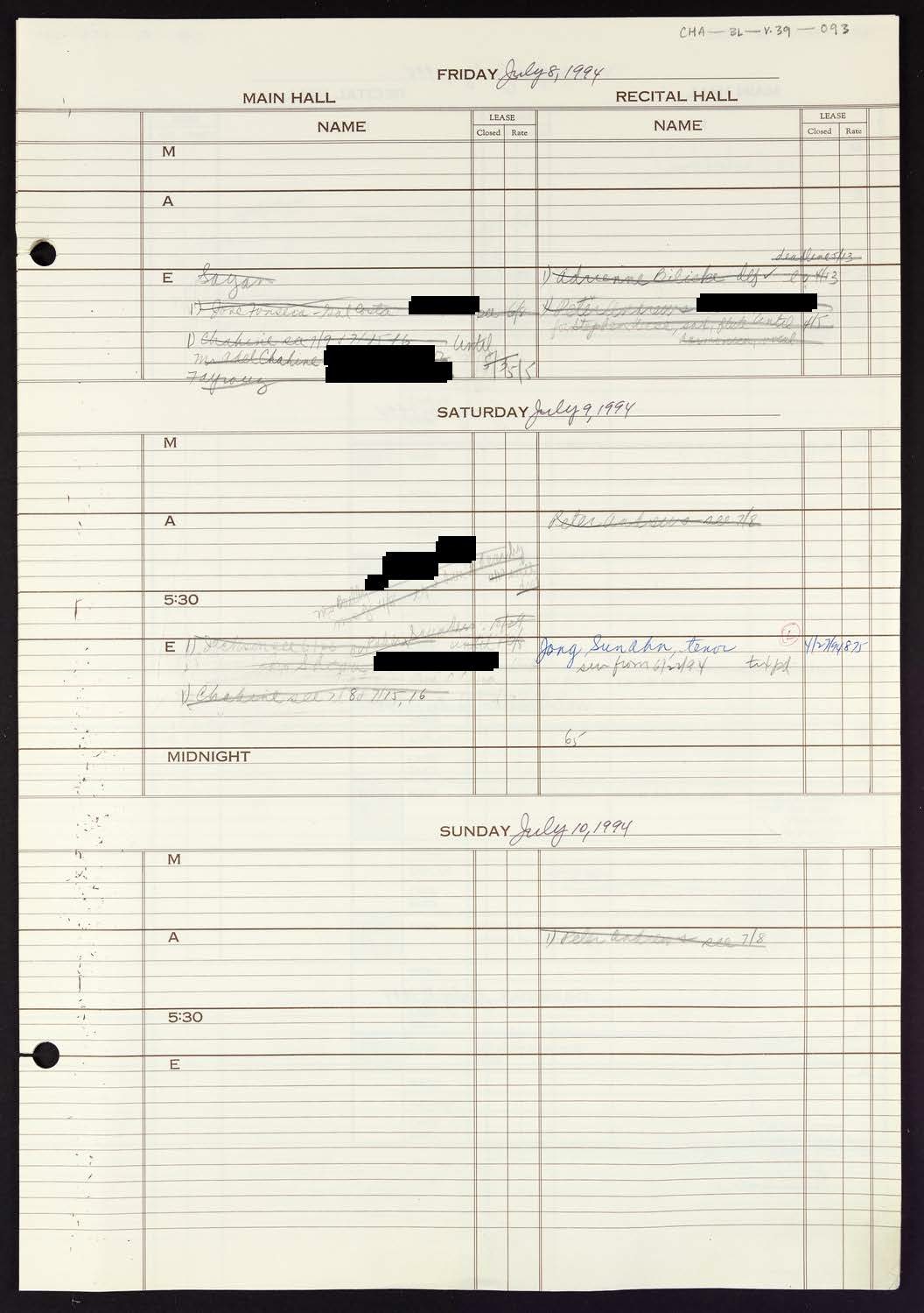 Carnegie Hall Booking Ledger, volume 39, page 93