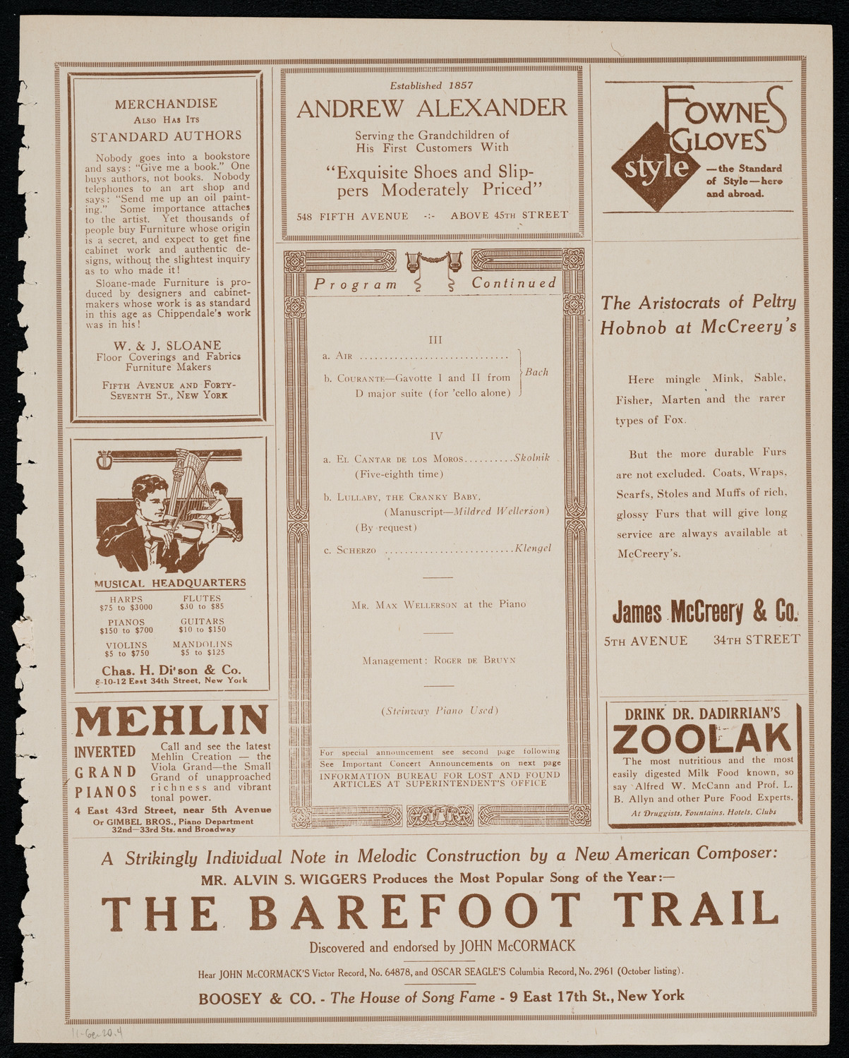 Mildred Wellerson, Cello, November 6, 1920, program page 7