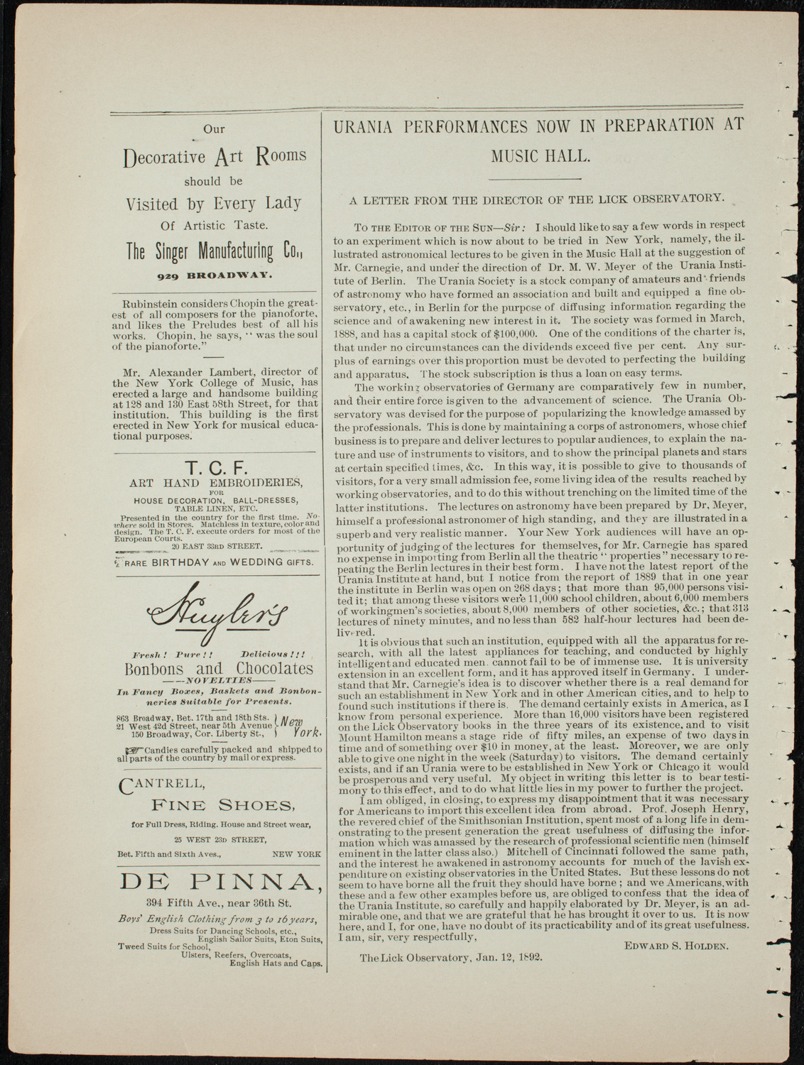 Damrosch Sunday Concert, January 24, 1892, program page 4