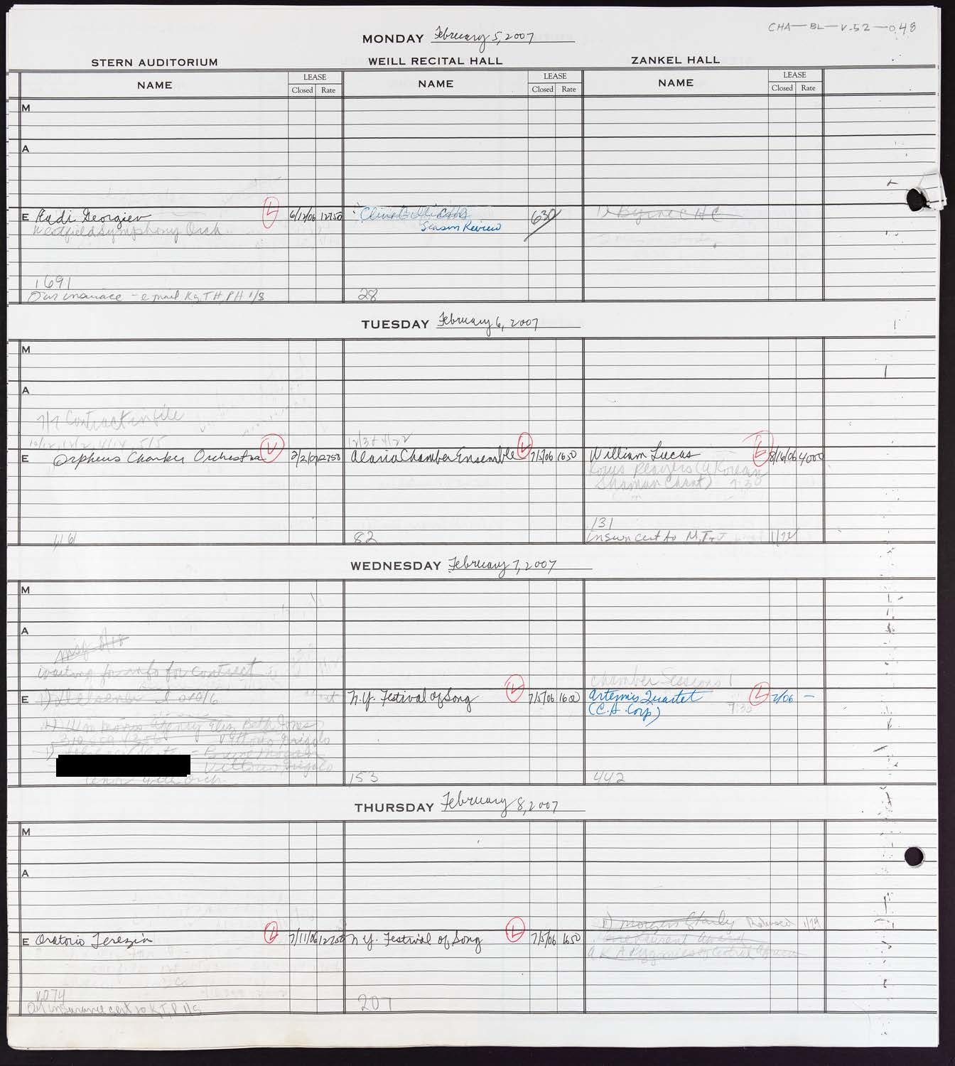 Carnegie Hall Booking Ledger, volume 52, page 48