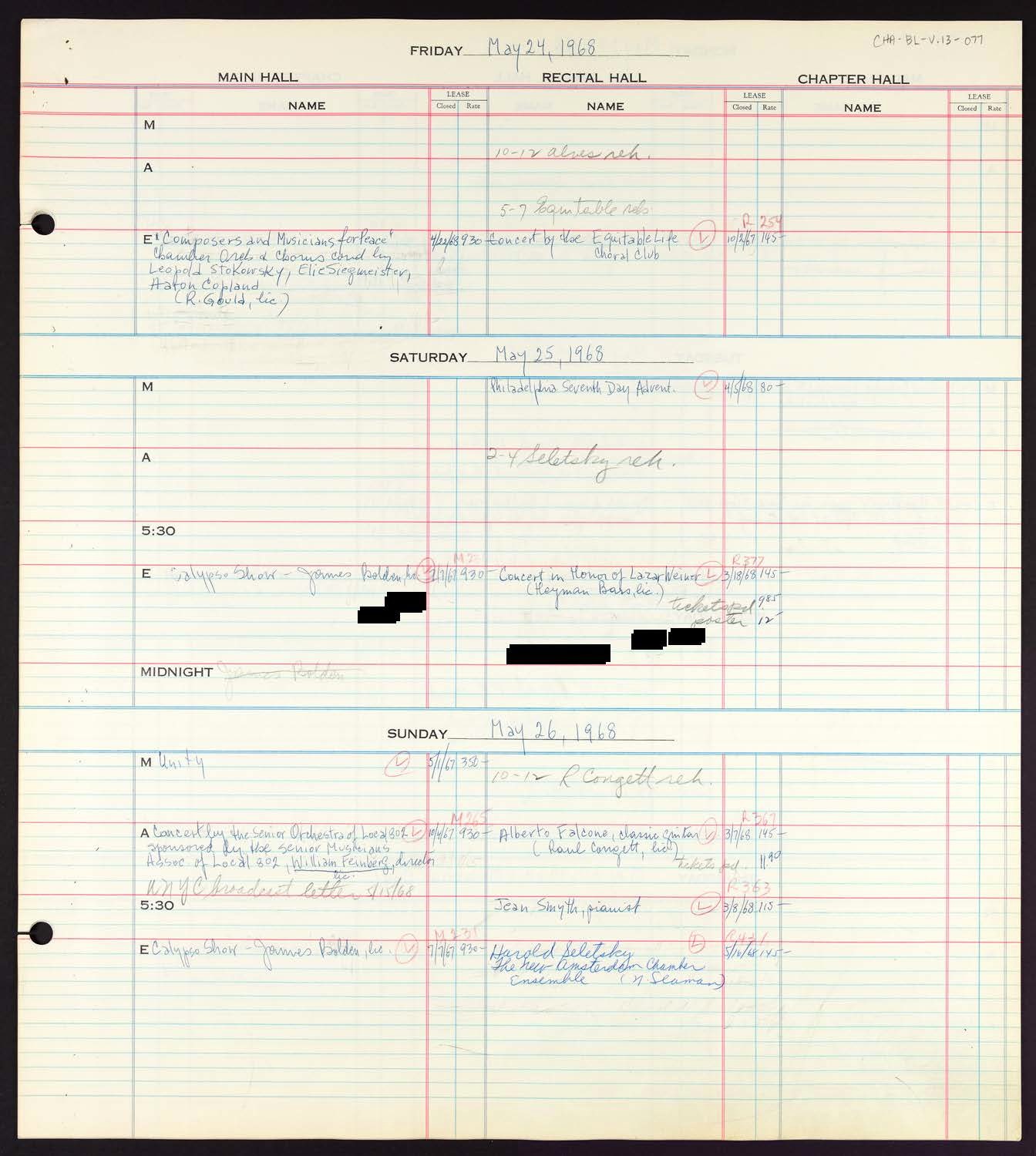 Carnegie Hall Booking Ledger, volume 13, page 77