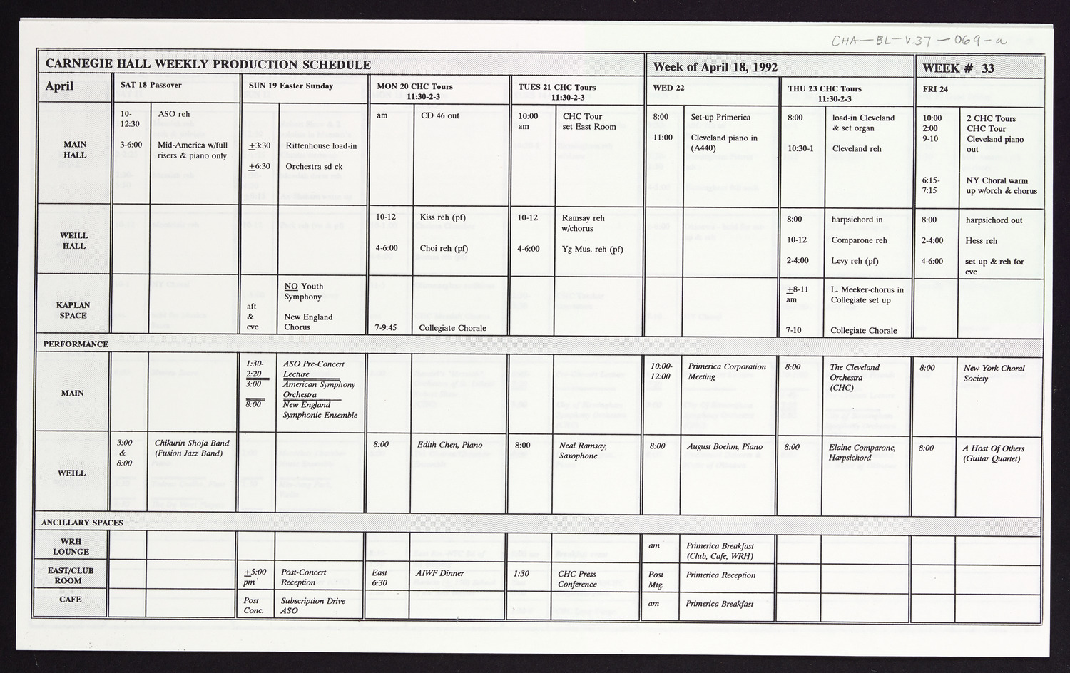 Carnegie Hall Booking Ledger, volume 37, page 69a