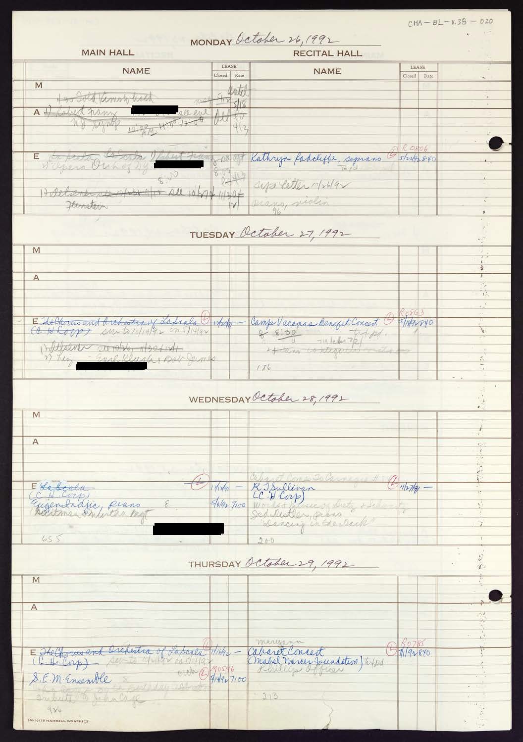 Carnegie Hall Booking Ledger, volume 38, page 20