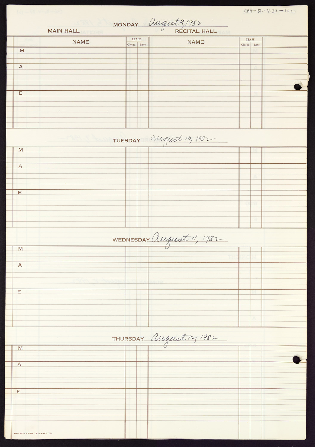 Carnegie Hall Booking Ledger, volume 27, page 102