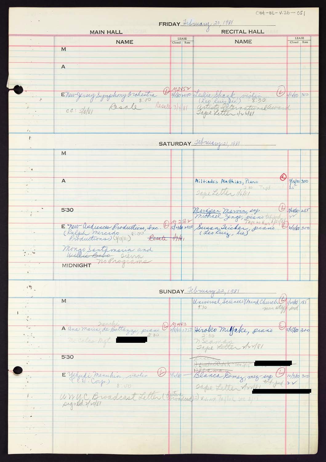 Carnegie Hall Booking Ledger, volume 26, page 51