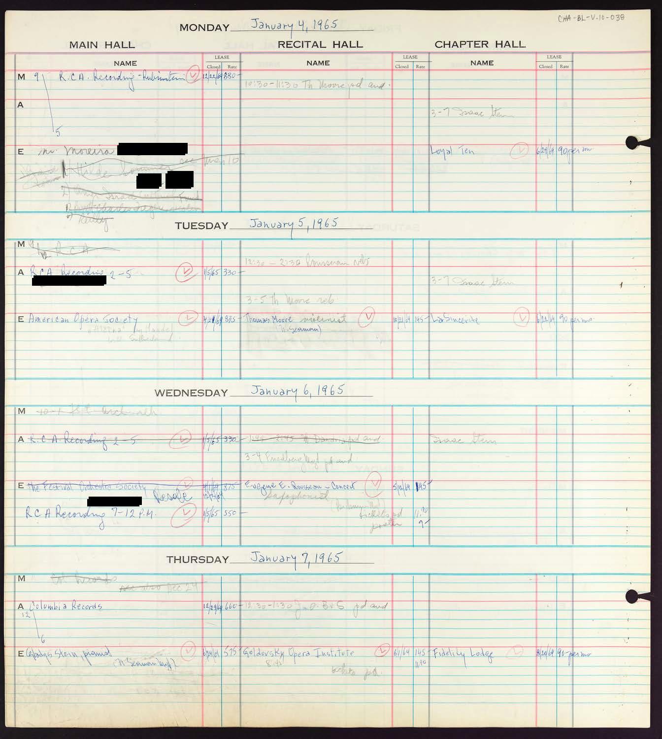 Carnegie Hall Booking Ledger, volume 10, page 38