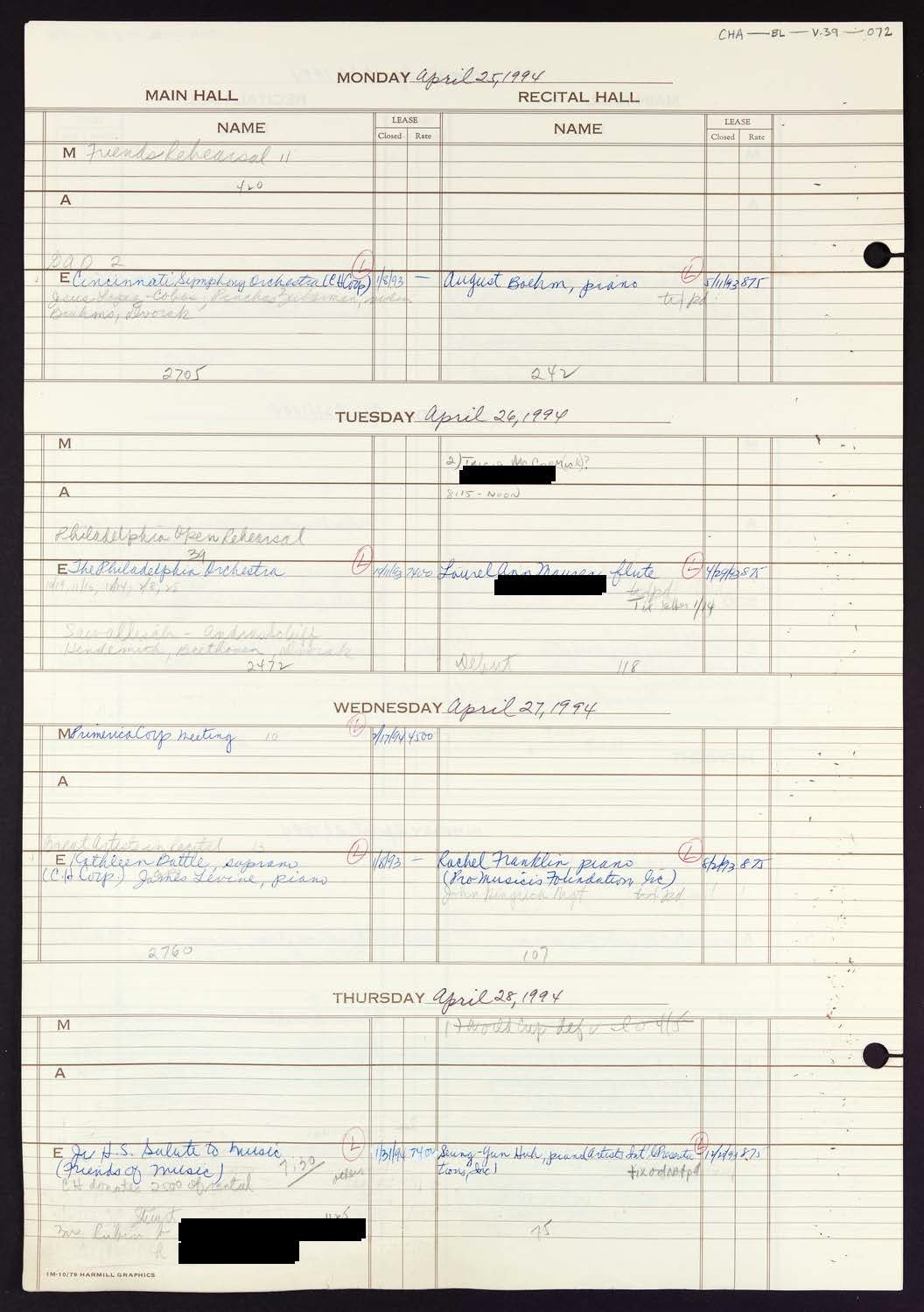 Carnegie Hall Booking Ledger, volume 39, page 72