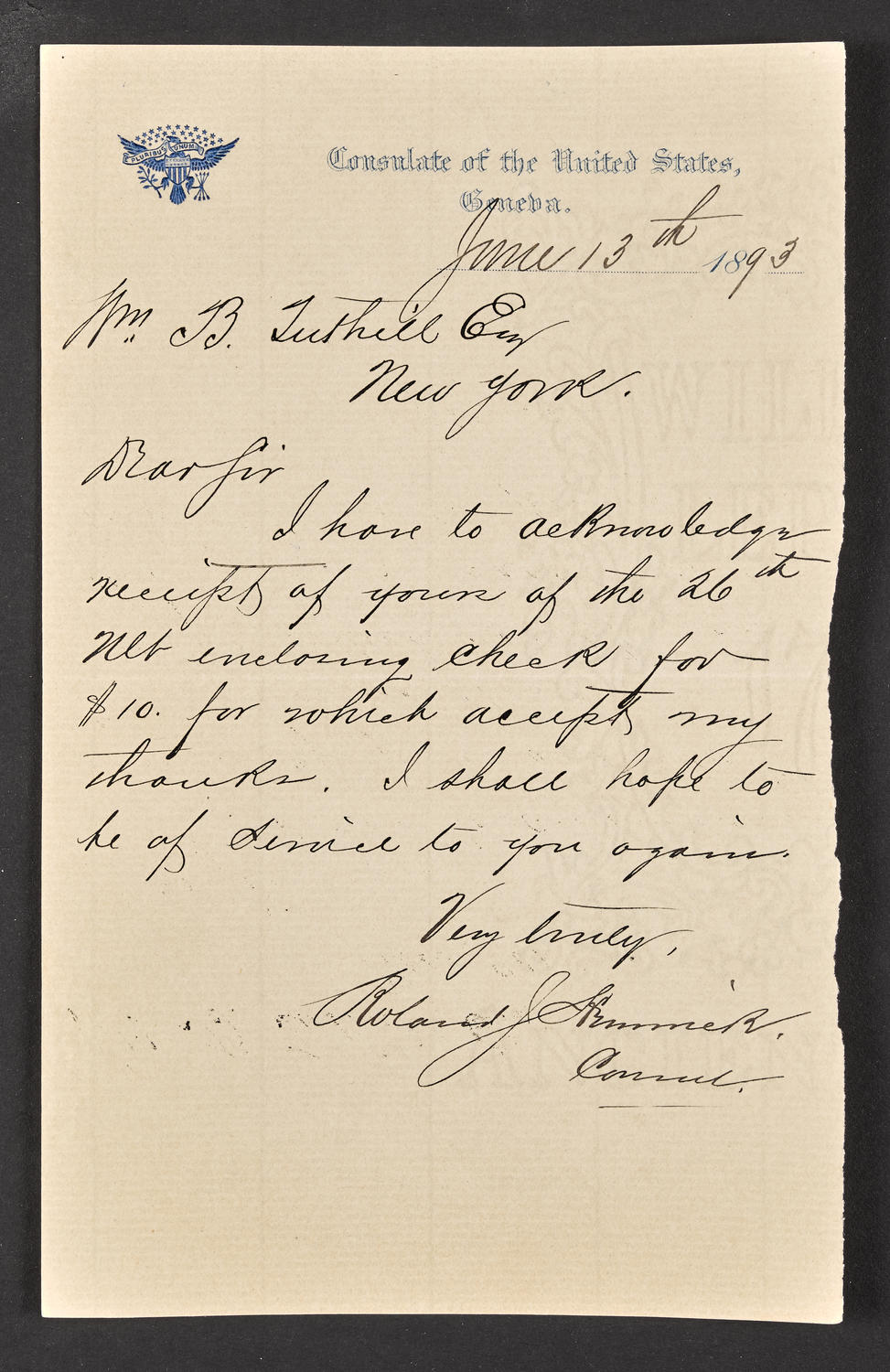 Letter from Roland J. Hemmick, US Consul in Geneva, June 13, 1893