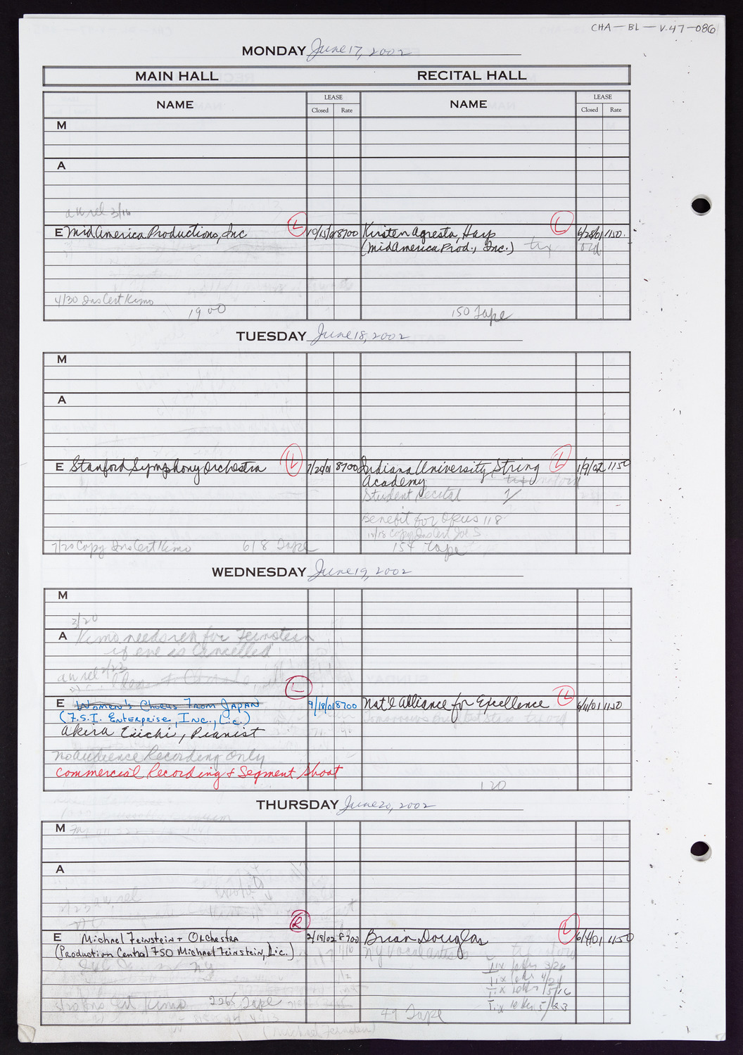 Carnegie Hall Booking Ledger, volume 47, page 86