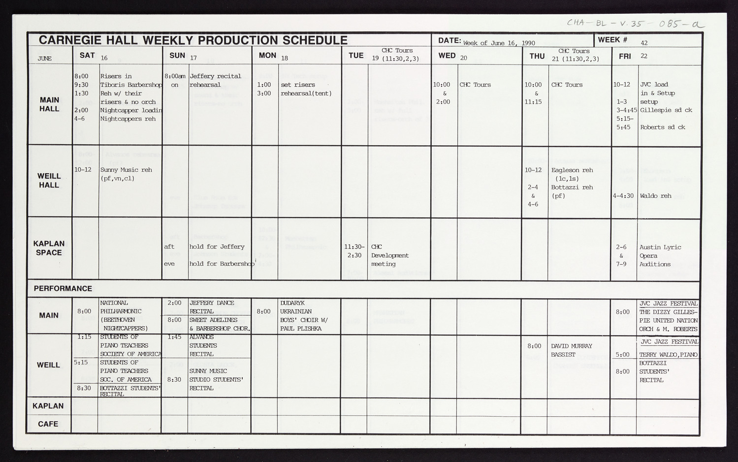 Carnegie Hall Booking Ledger, volume 35, page 85a