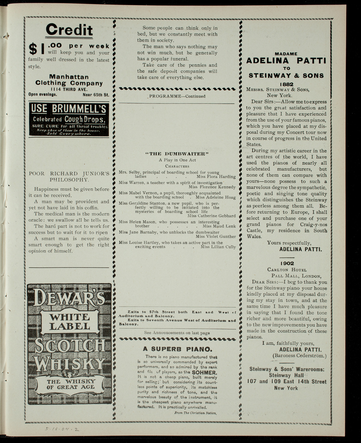 School Reception of the Misses Folsom, 201 West 48th Street, May 16, 1904, program page 3