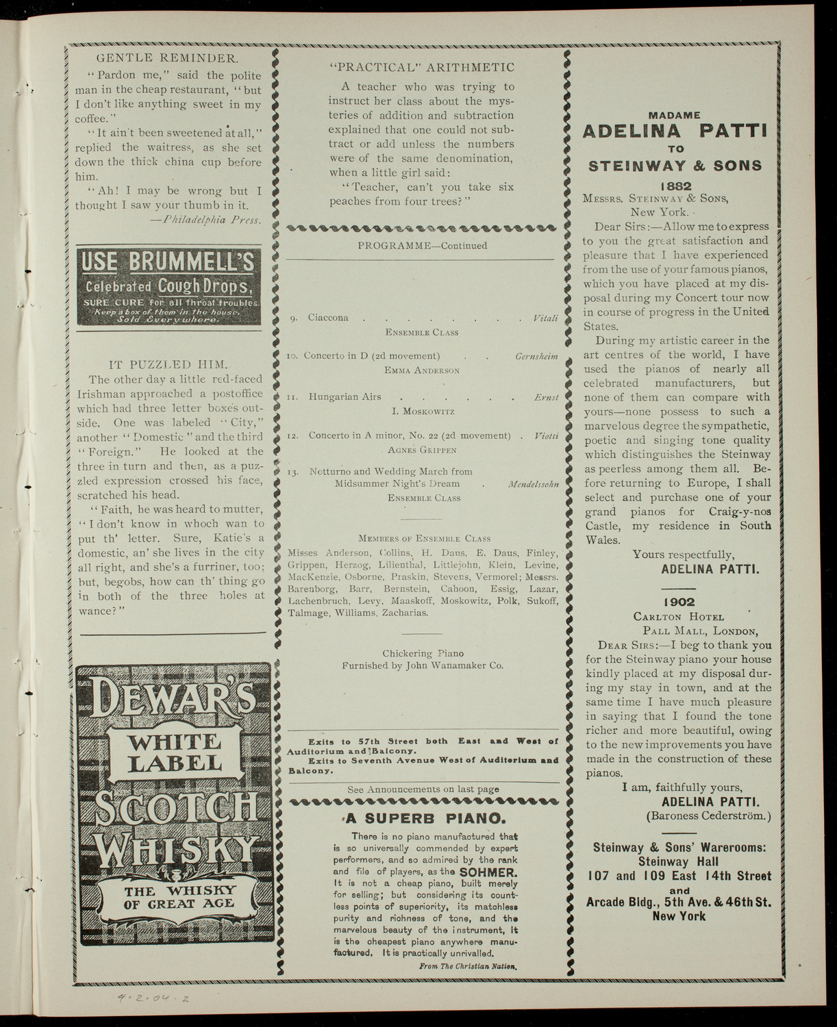 Student Violin Recital by Pupils of Max Bendix, April 2, 1904, program page 3