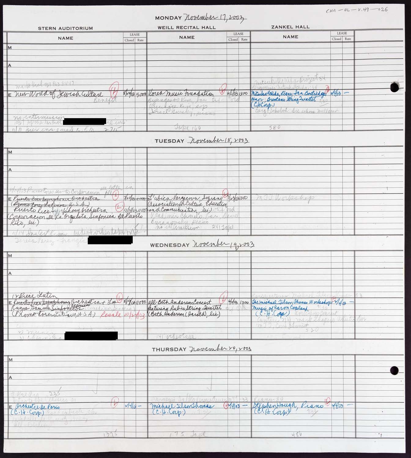 Carnegie Hall Booking Ledger, volume 49, page 26