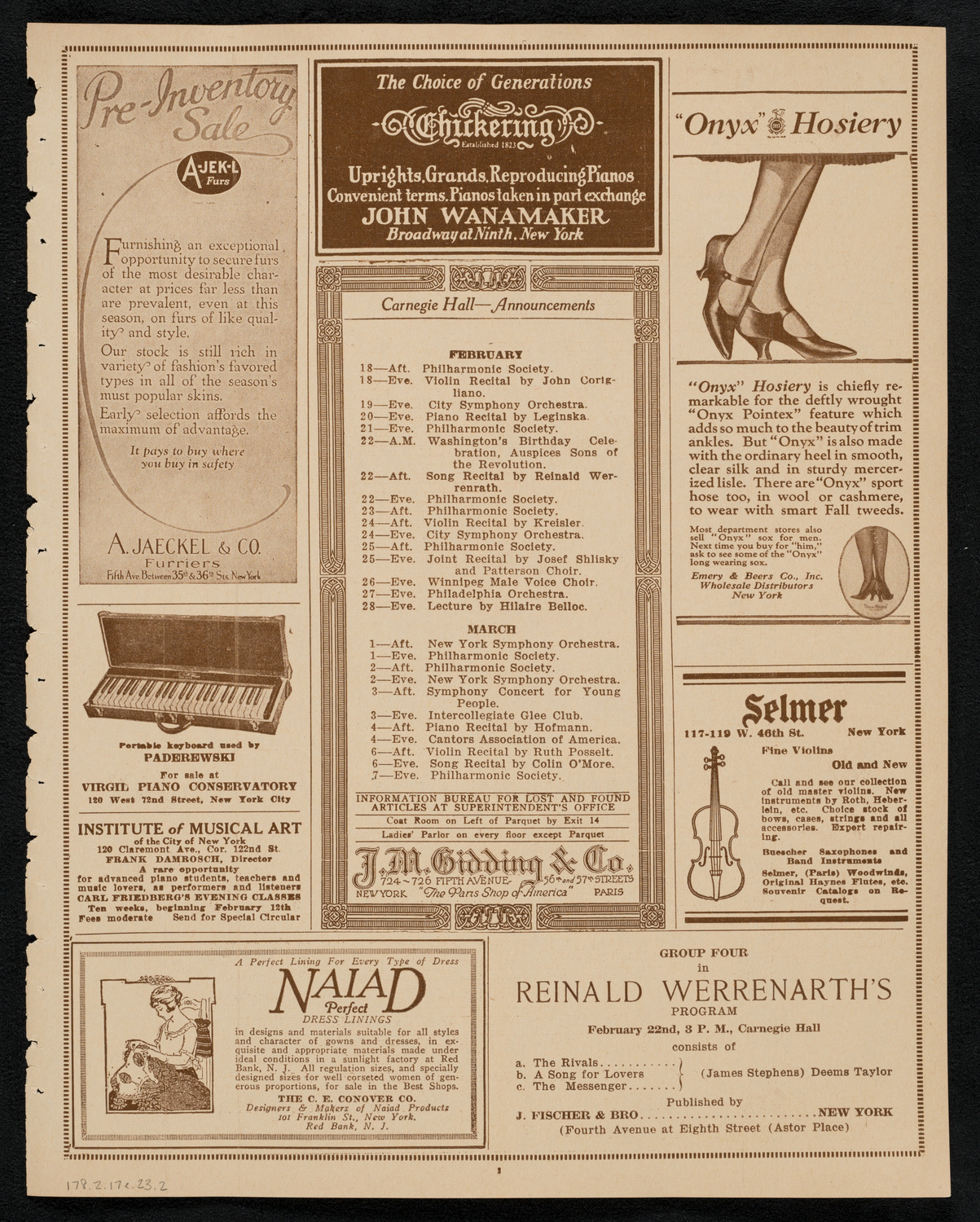 New York Philharmonic, February 17, 1923, program page 3