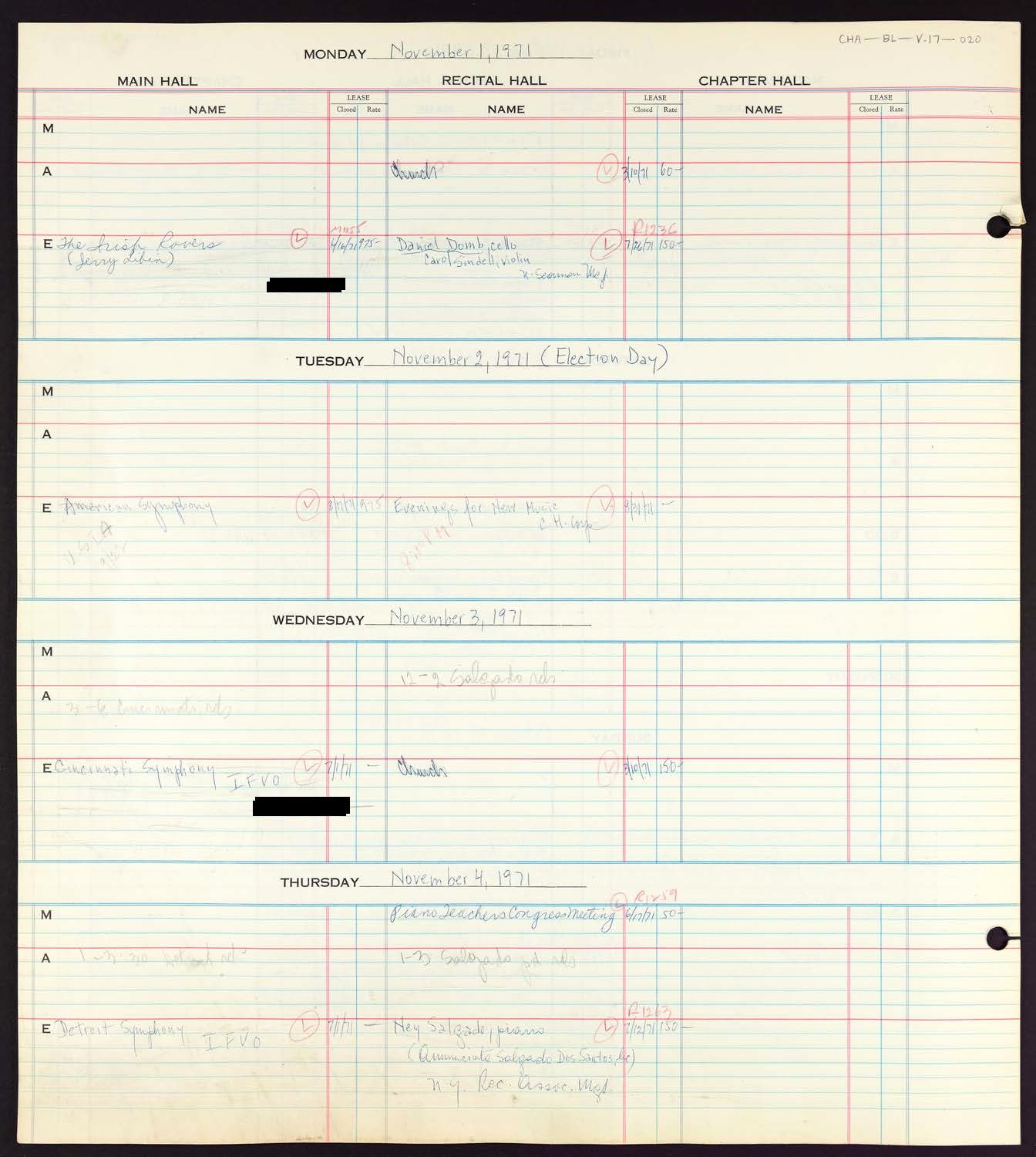 Carnegie Hall Booking Ledger, volume 17, page 20