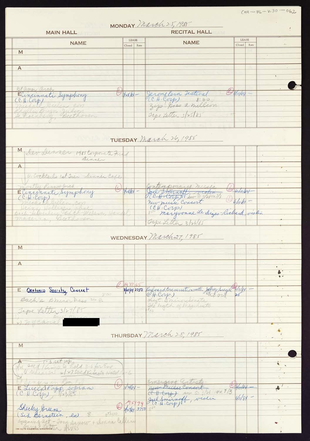 Carnegie Hall Booking Ledger, volume 30, page 62