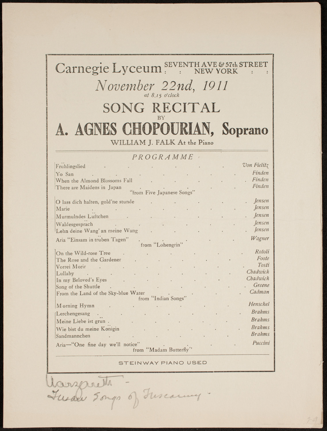 A. Agnes Chopourian, November 22, 1911, program page 1