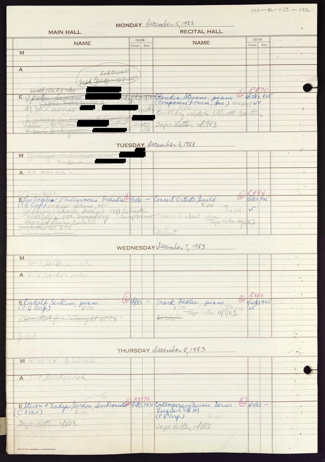 Carnegie Hall Booking Ledger, volume 29, page 32