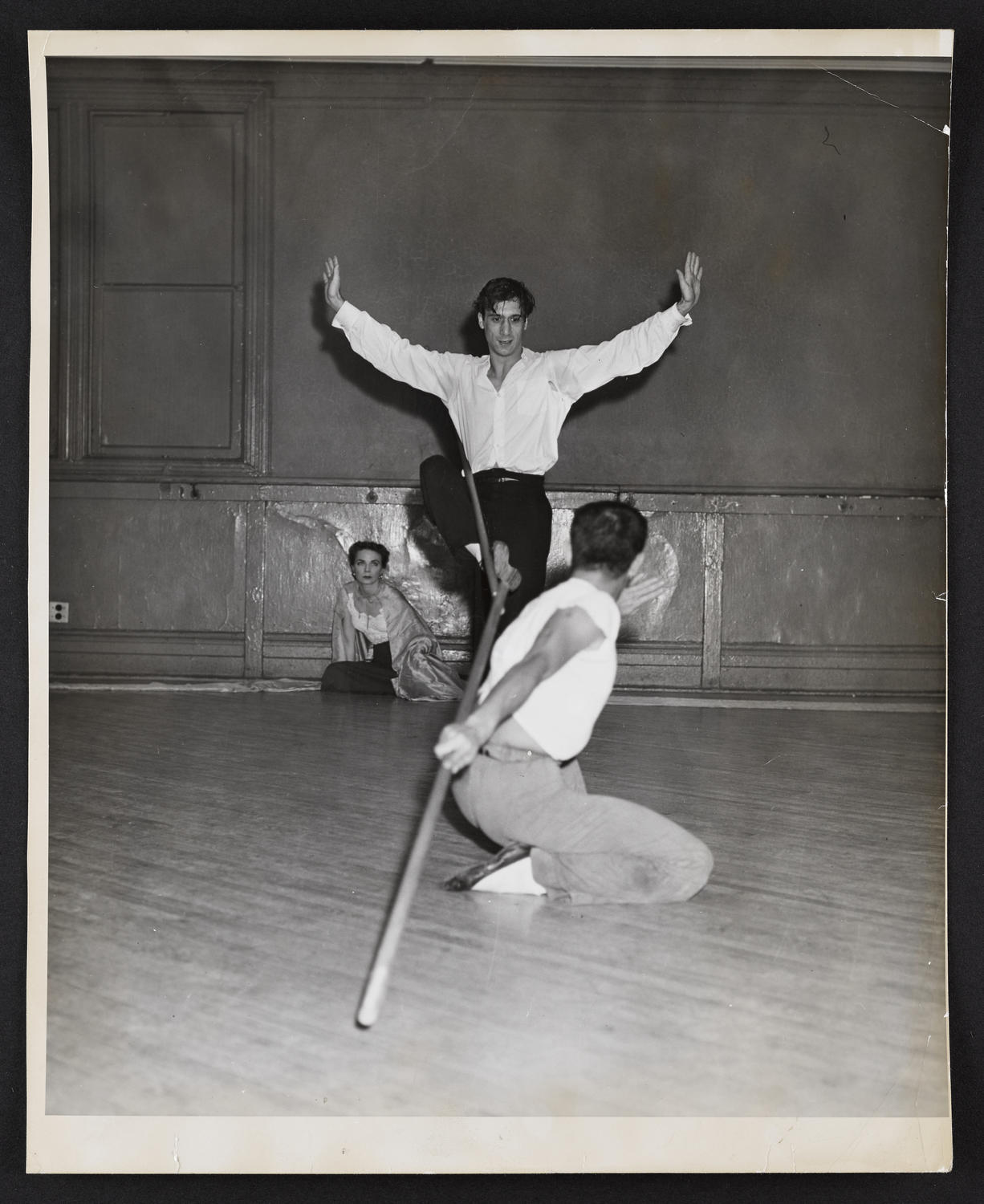 Gemze de Lappe, Vladimir Dokoudovsky, and Yuki Shimoda rehearsing at Ballet Arts, Carnegie Hall Studio #61, 1965