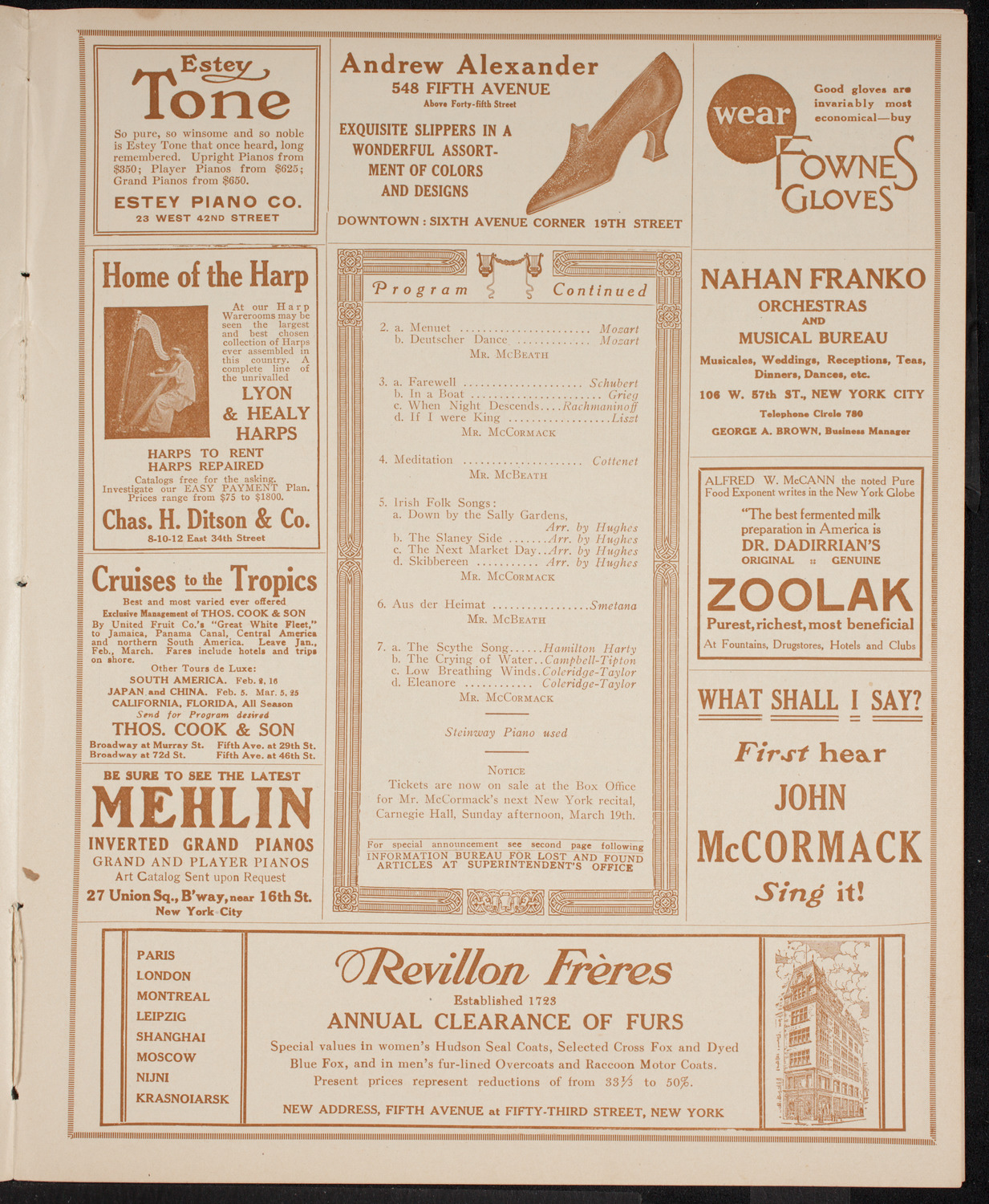 John McCormack, Tenor, February 13, 1916, program page 7