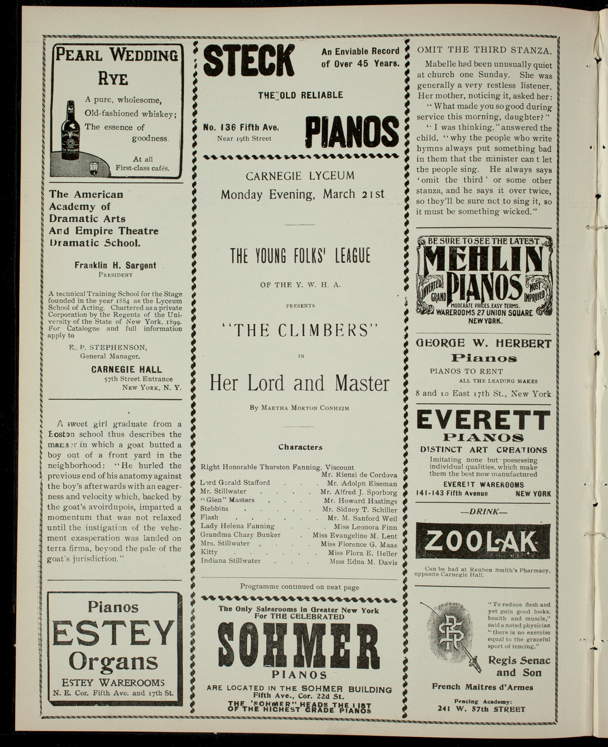 Young Folk's League of the YWHA presents "The Climbers", March 21, 1904, program page 2