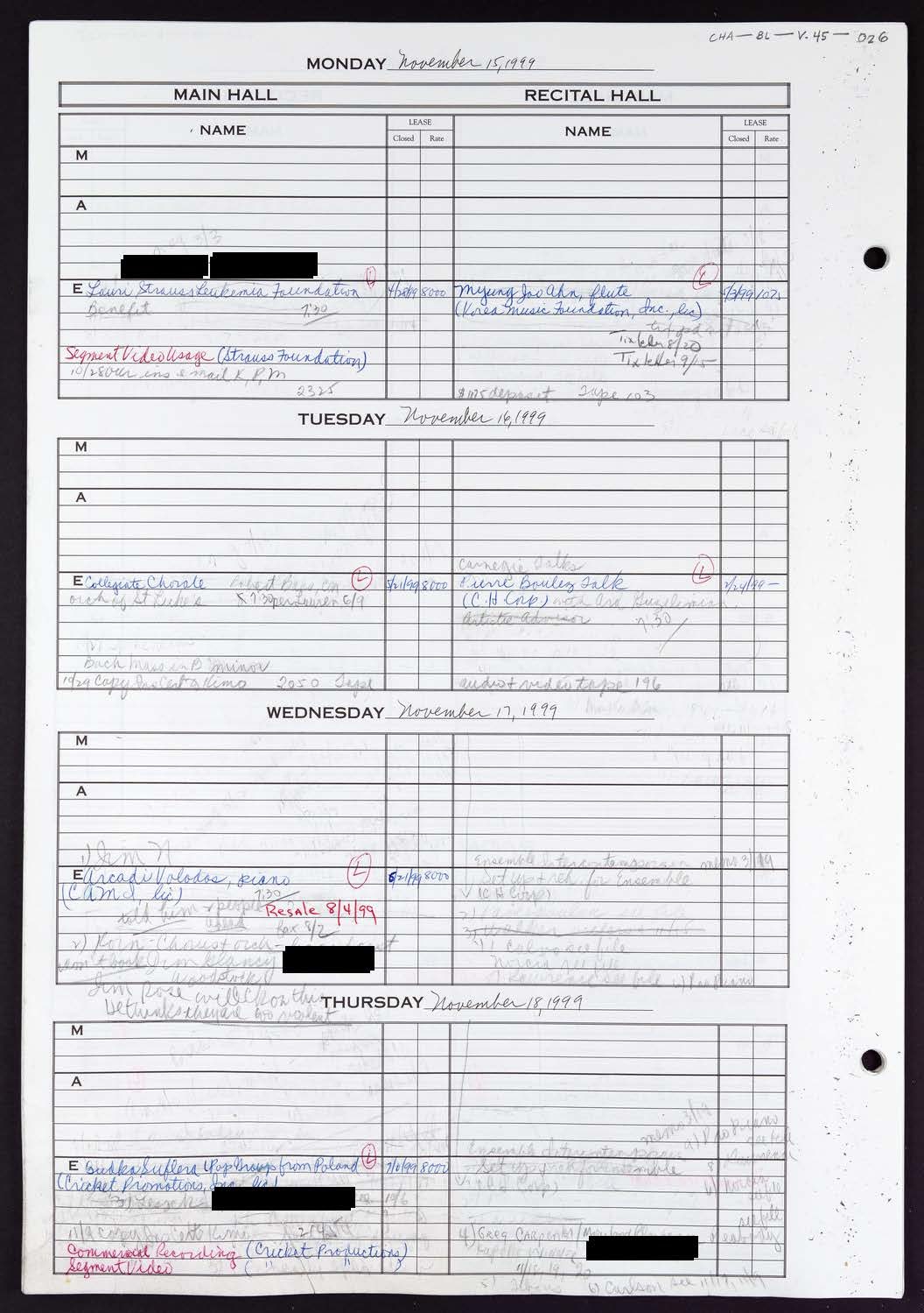 Carnegie Hall Booking Ledger, volume 45, page 26