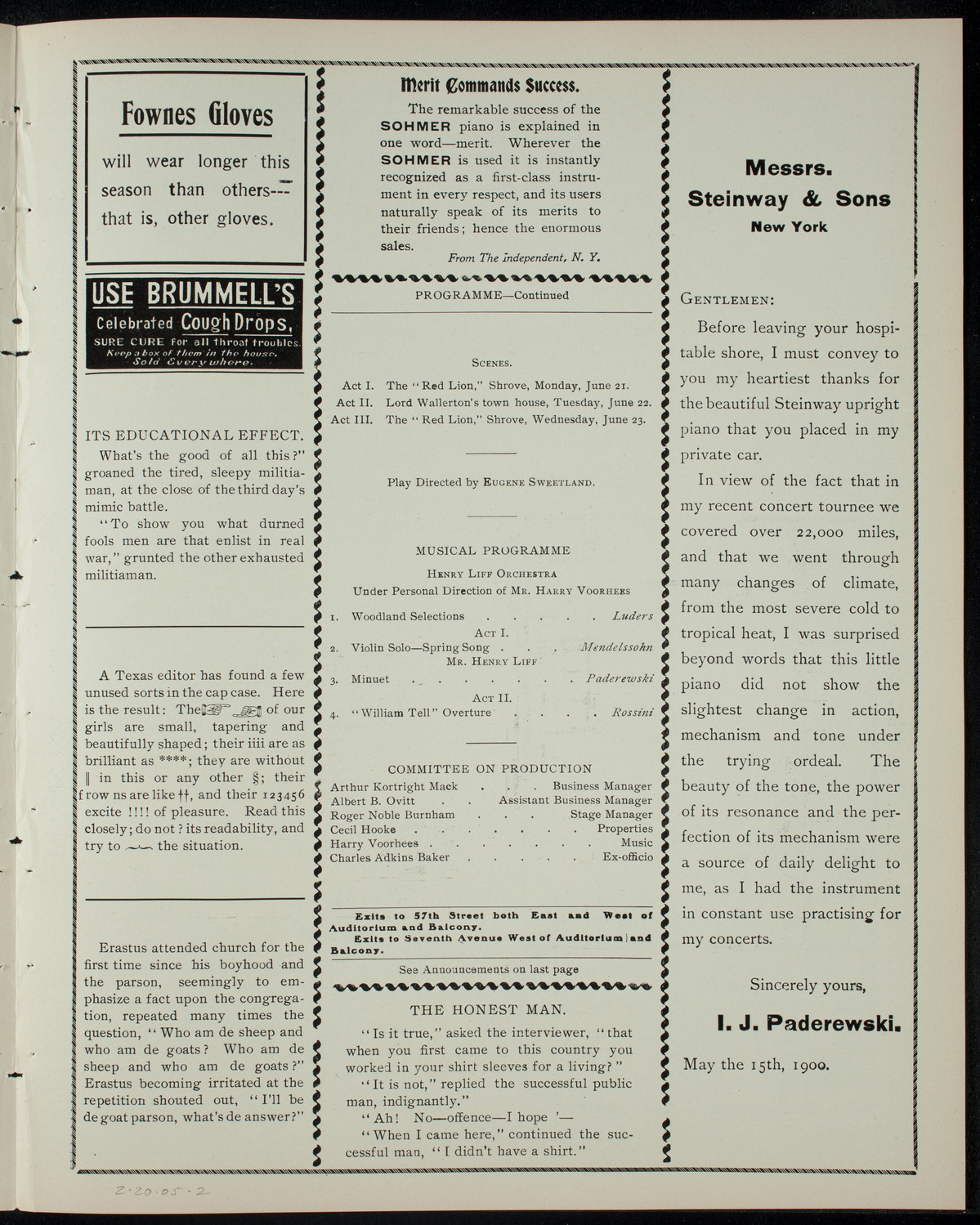 The Haresfoot Club Theatre Group, February 20, 1905, program page 3