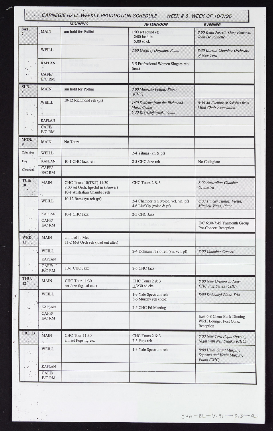 Carnegie Hall Booking Ledger, volume 41, page 13a