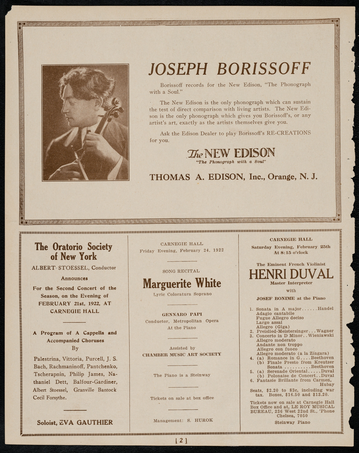 New York Philharmonic, February 19, 1922, program page 2
