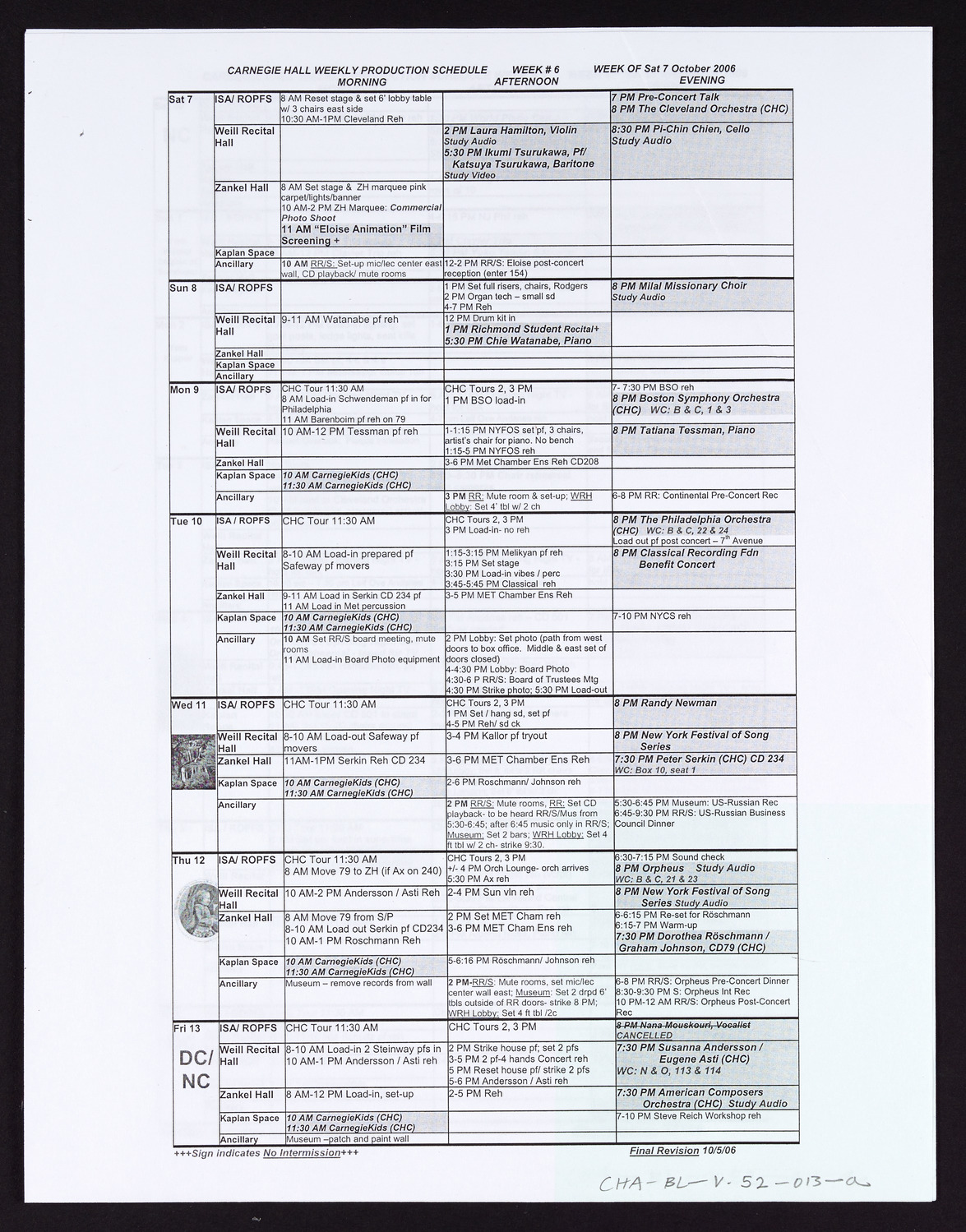 Carnegie Hall Booking Ledger, volume 52, page 13a