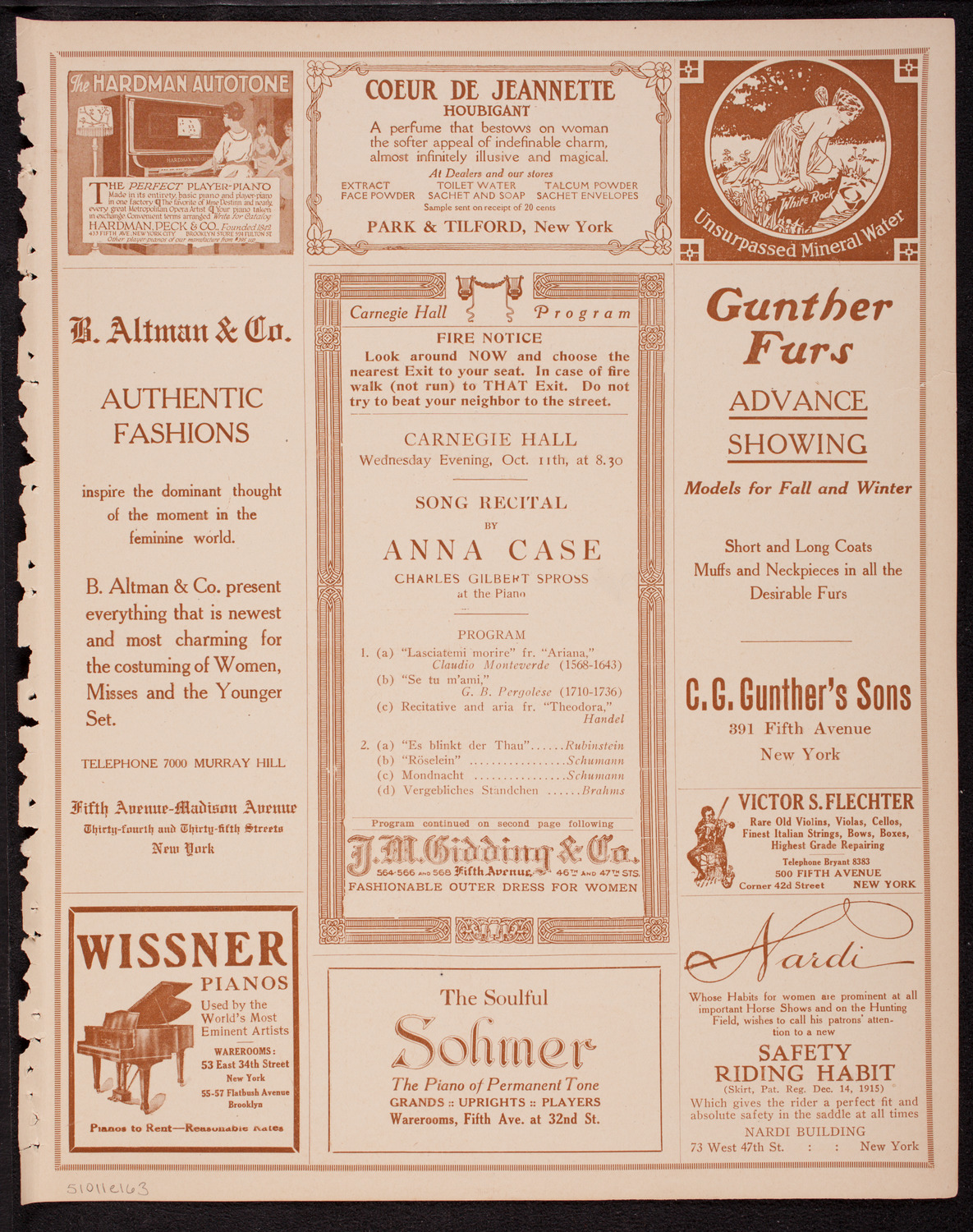 Anna Case, Soprano, October 11, 1916, program page 5