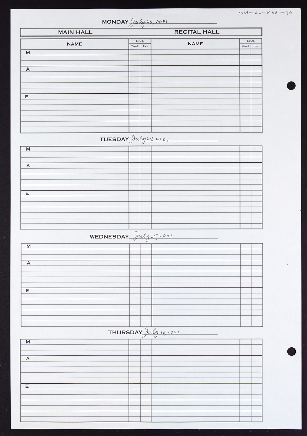 Carnegie Hall Booking Ledger, volume 46, page 96