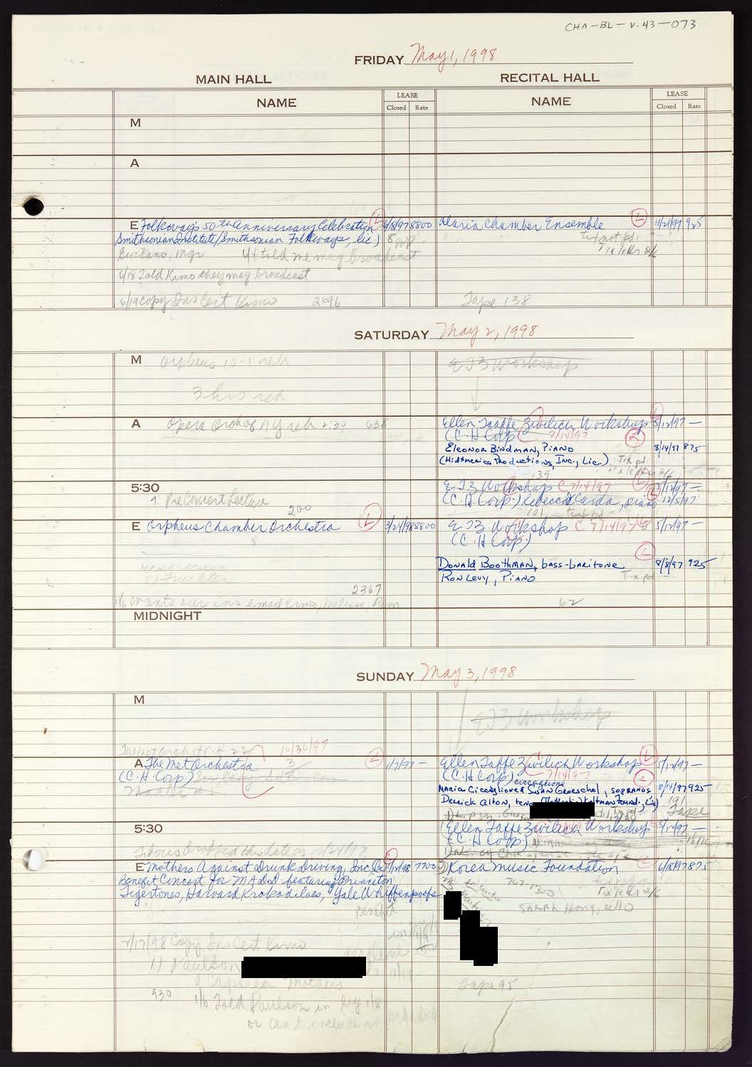 Carnegie Hall Booking Ledger, volume 43, page 73