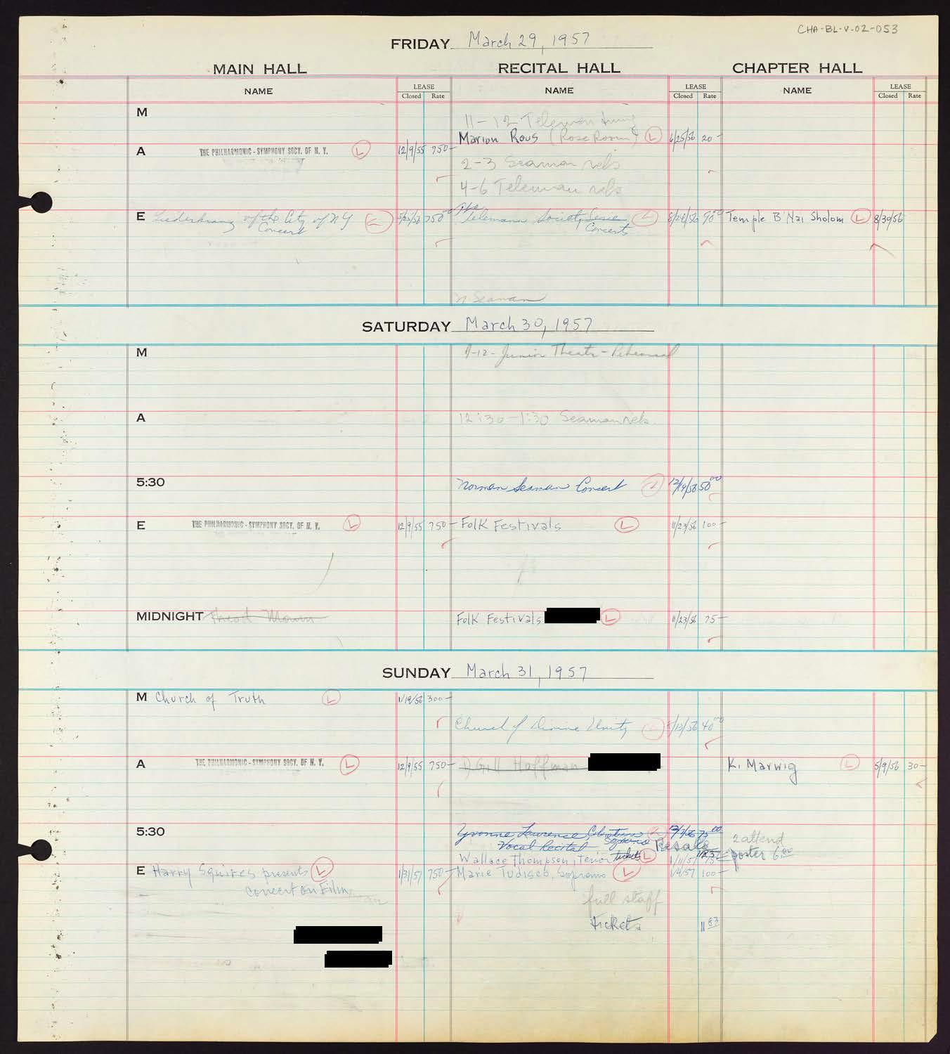 Carnegie Hall Booking Ledger, volume 2, page 53