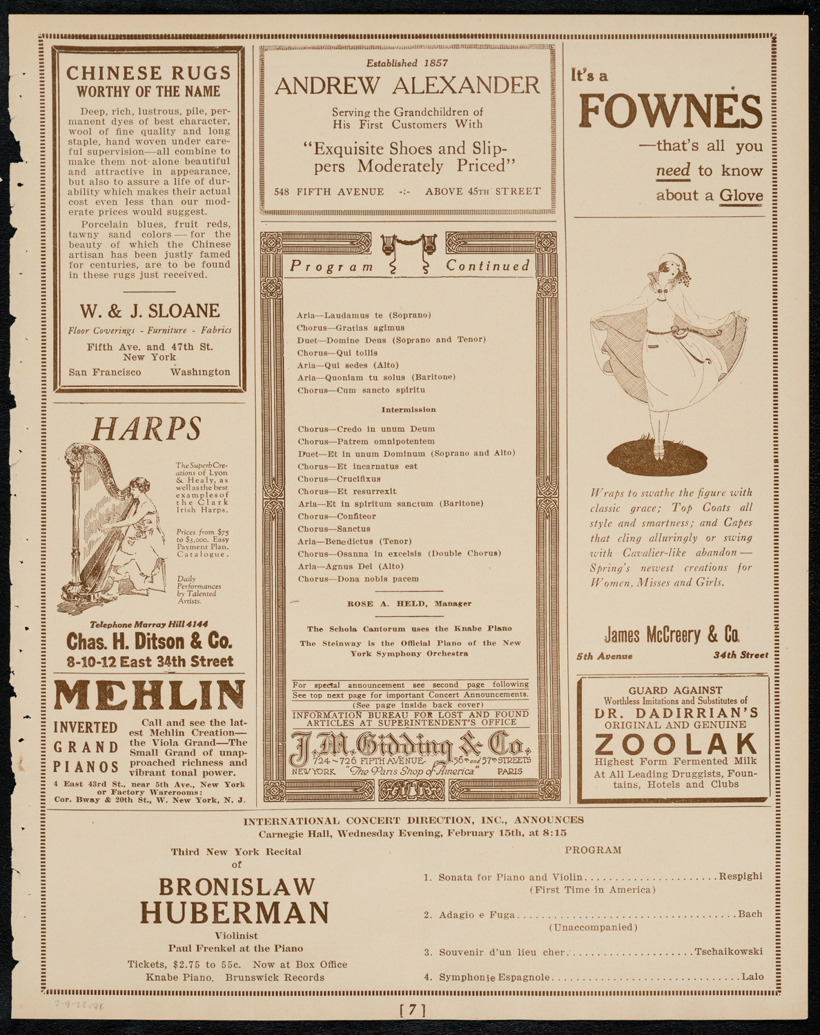Schola Cantorum of New York, February 8, 1922, program page 7