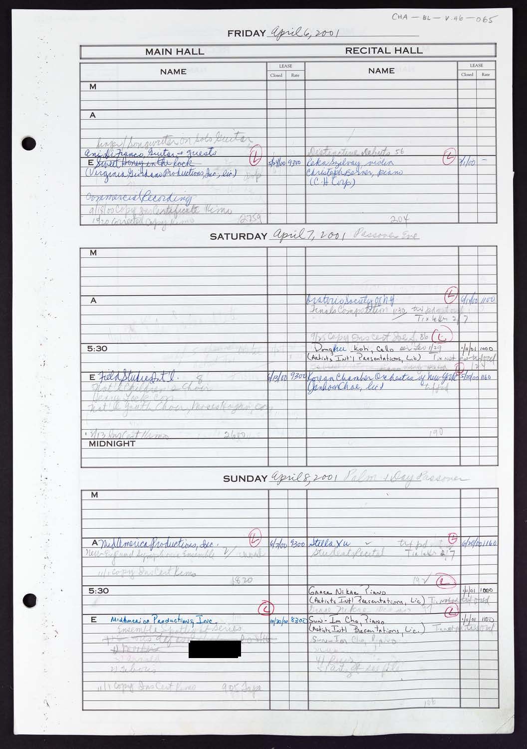 Carnegie Hall Booking Ledger, volume 46, page 65