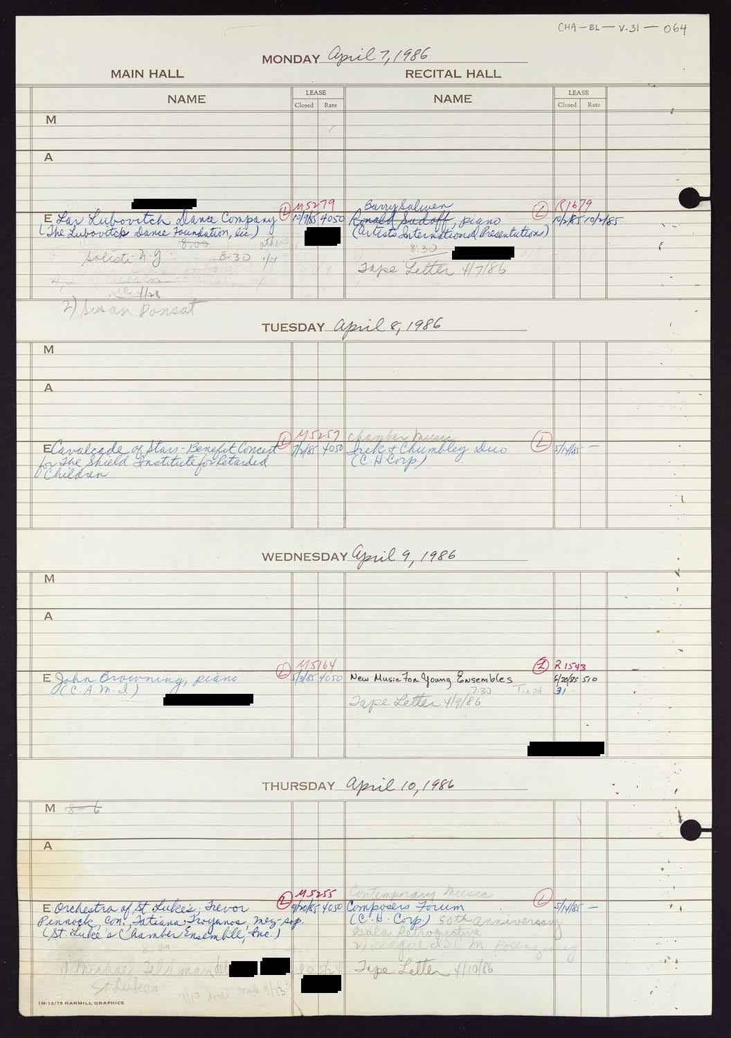 Carnegie Hall Booking Ledger, volume 31, page 64