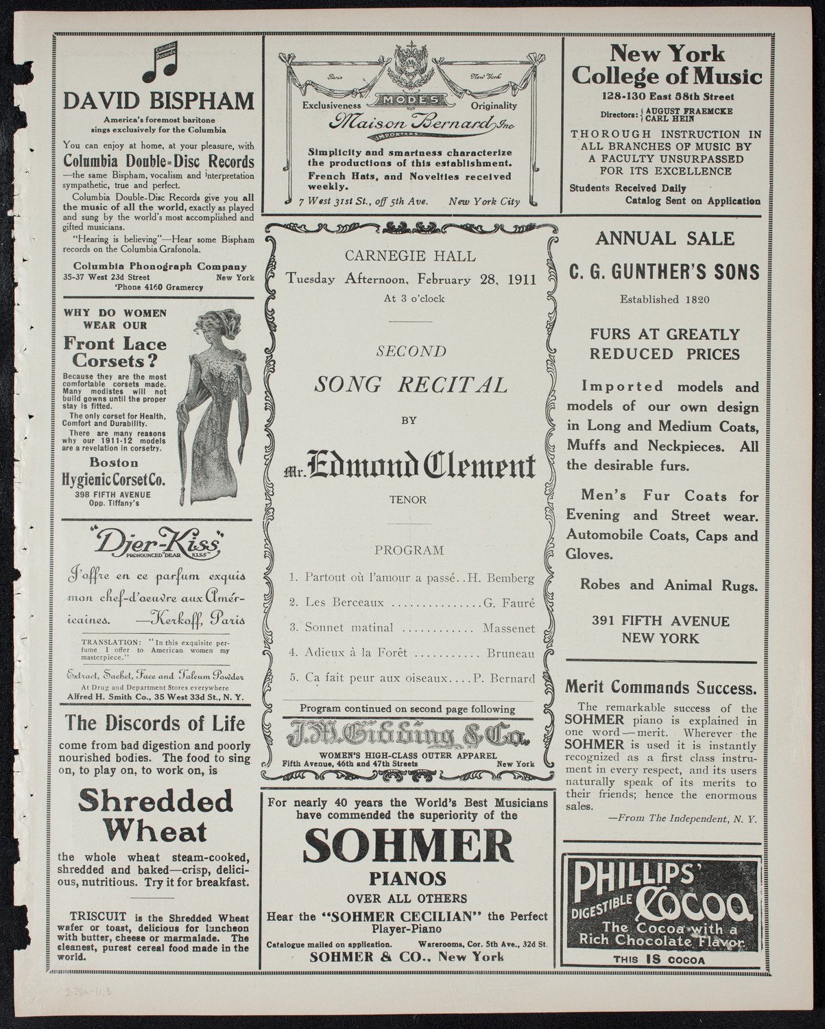 Edmond Clement, Tenor, February 28, 1911, program page 5