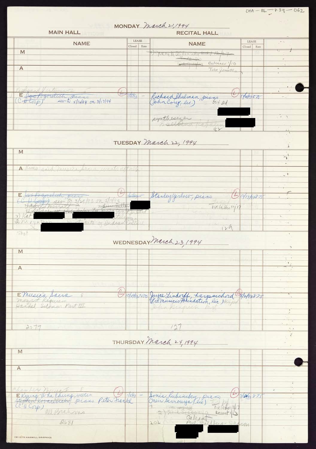 Carnegie Hall Booking Ledger, volume 39, page 62