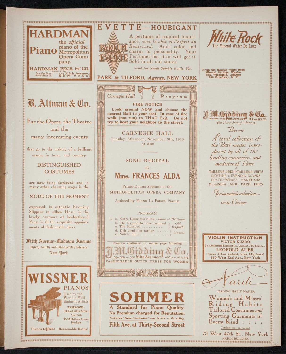 Frances Alda, Soprano, November 9, 1915, program page 5