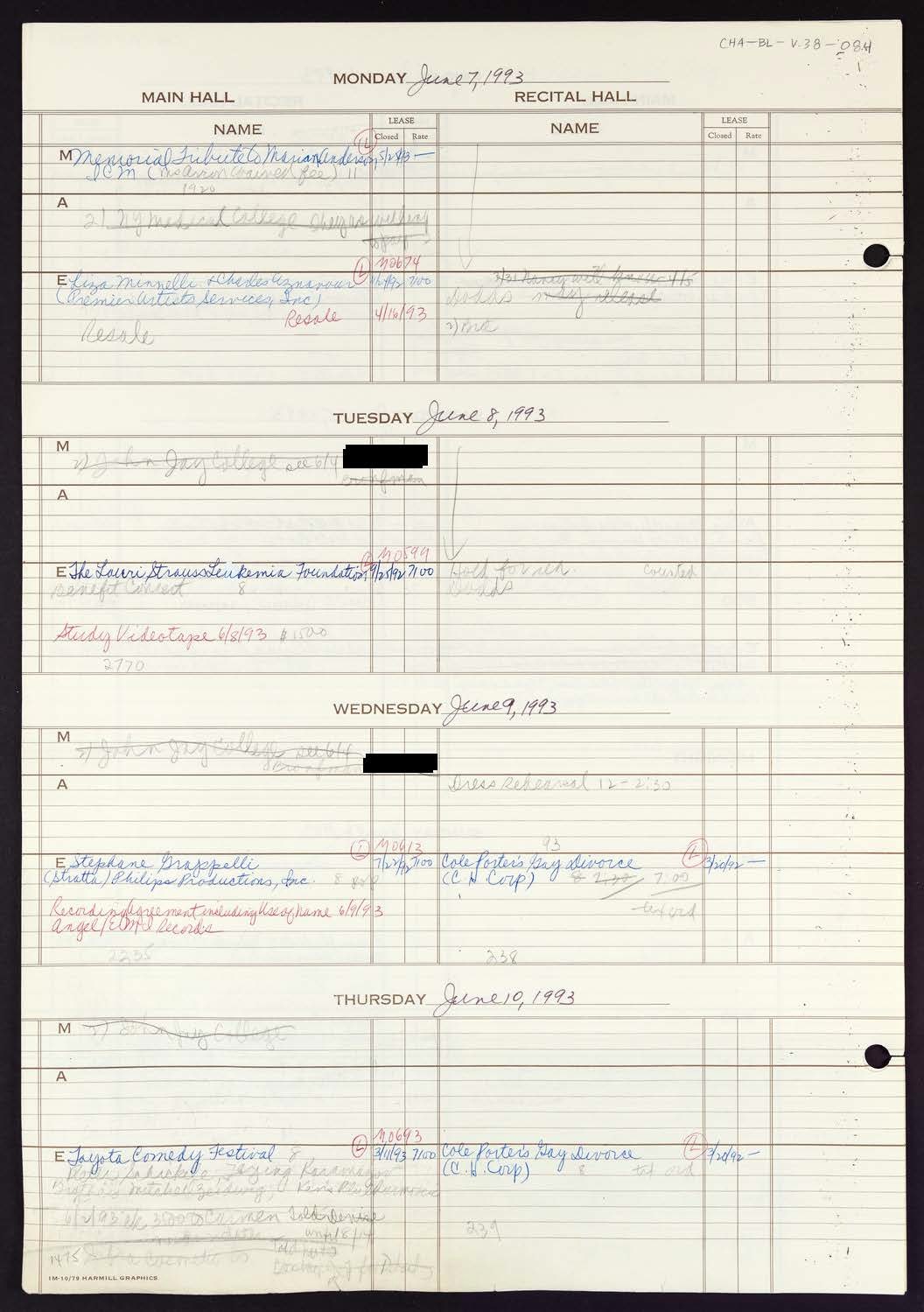 Carnegie Hall Booking Ledger, volume 38, page 84