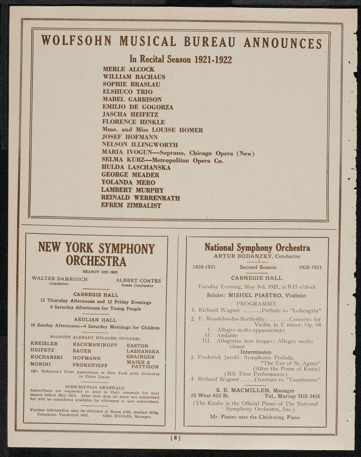 National Symphony Orchestra, April 29, 1921, program page 8