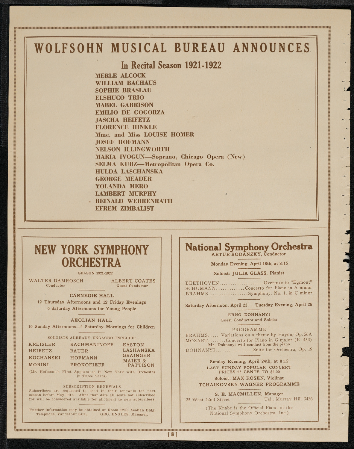 Ossip Gabrilowitsch, Piano, April 17, 1921, program page 8