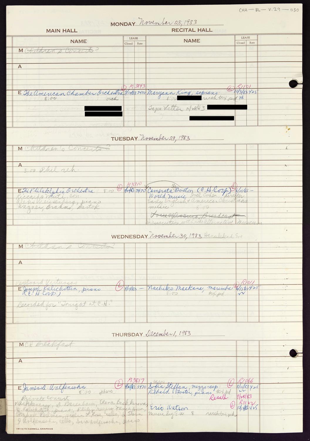 Carnegie Hall Booking Ledger, volume 29, page 30