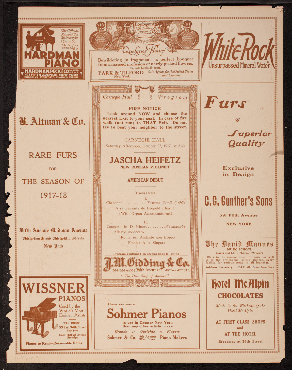 Jascha Heifetz, Violin, October 27, 1917, program page 5